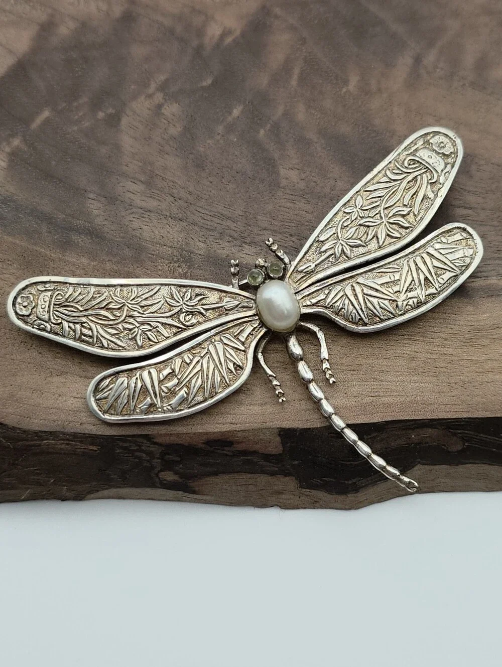 Vintage Dragonfly Insect Brooch Pearl Repousse Art Nouveau 925 Sterling Silver